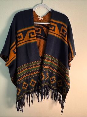 Navy, Rust and Green Geometric Southwest Style Fringe Knit Poncho